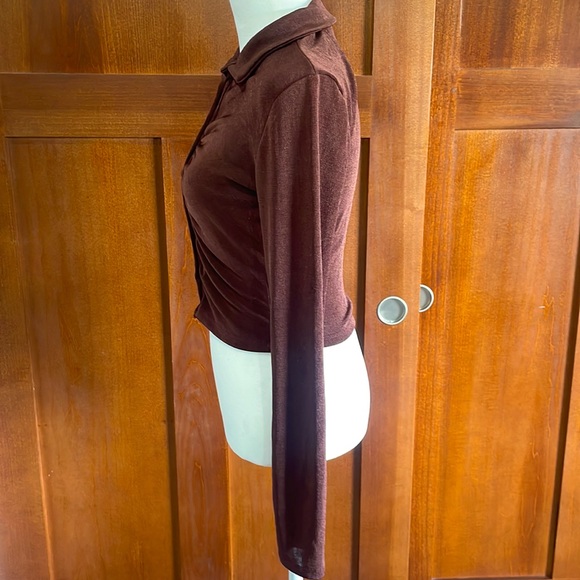 Garage, brown bodycon, cropped, button down shirt. - Picture 3 of 4